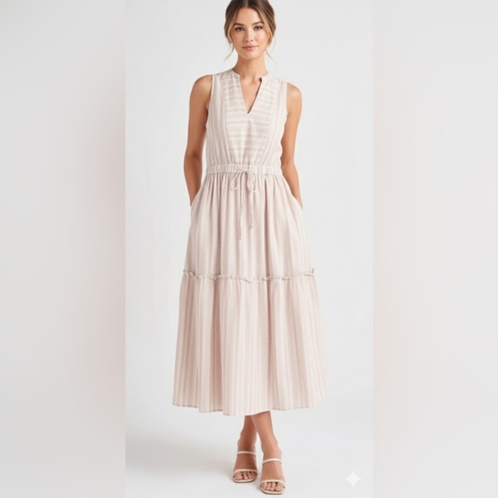 Splendid Livia Maxi Dress Flowy Fawn Striped Linen/ Cotton with Pockets Small